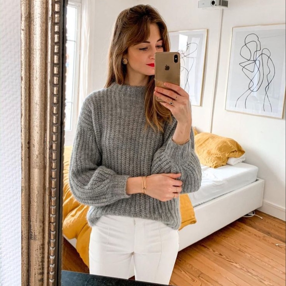 Sezane Cozy Ribbed Crewneck Sweater in Grey